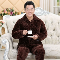 Đồ ngủ trung niên chần bông nam mùa đông dày ba lớp lông cừu pijama nam