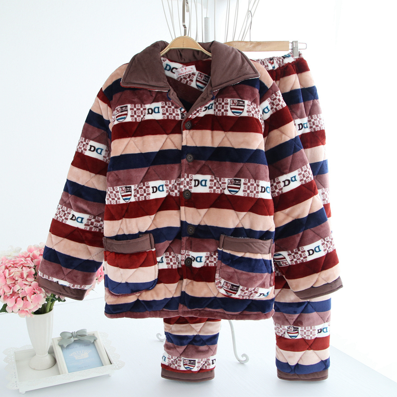 Mùa đông nam ba lớp dày flannel đồ ngủ quilted trung niên nam cộng với nhung ấm áo khoác cotton phù hợp với dịch vụ nhà quần áo ngủ nam
