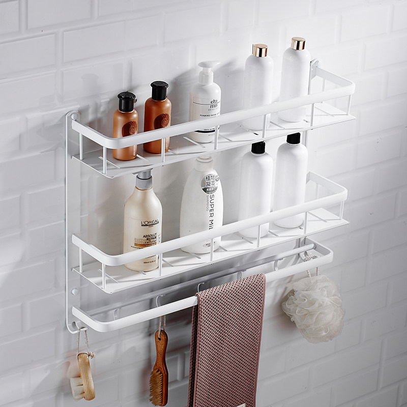 Nordic space aluminum white bathroom shelf Powder room storage shelf Perforated towel rack Double-layer kitchen shelf