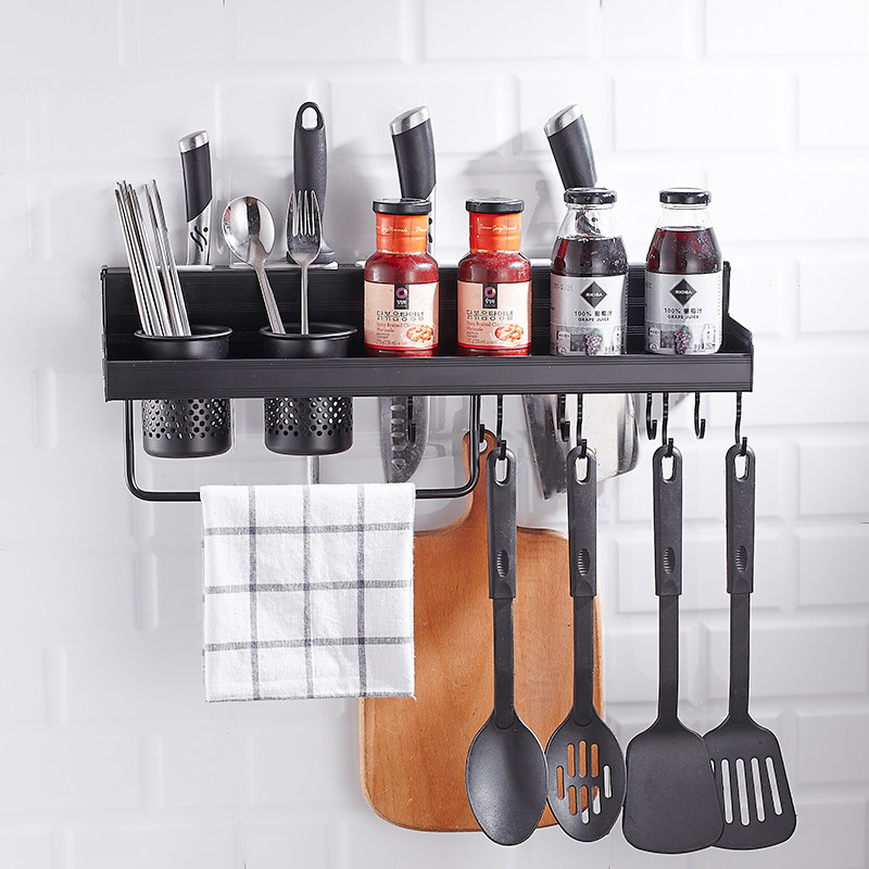 Perforated Space Aluminum Kitchen Shelf Wall-mounted Black Containing shelf Home wall-mounted storage Seasoning Rack Tool Holder