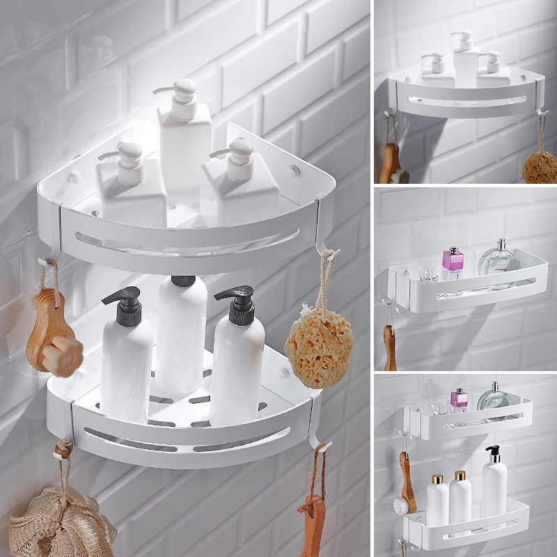 Nordic space aluminum bathroom rack white powder room storage rack wall hanging free punch bathroom corner rack 2 layers