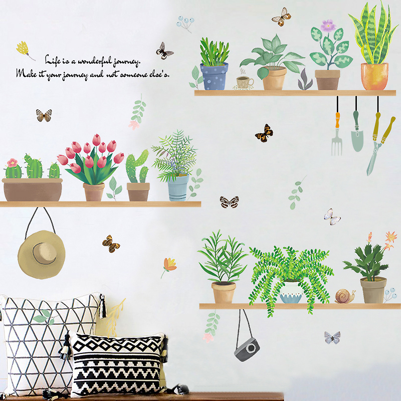 Net red Nordic green plant wall stickers literary fresh living room bedroom dining room bedroom stickers wallpaper creative potted stickers
