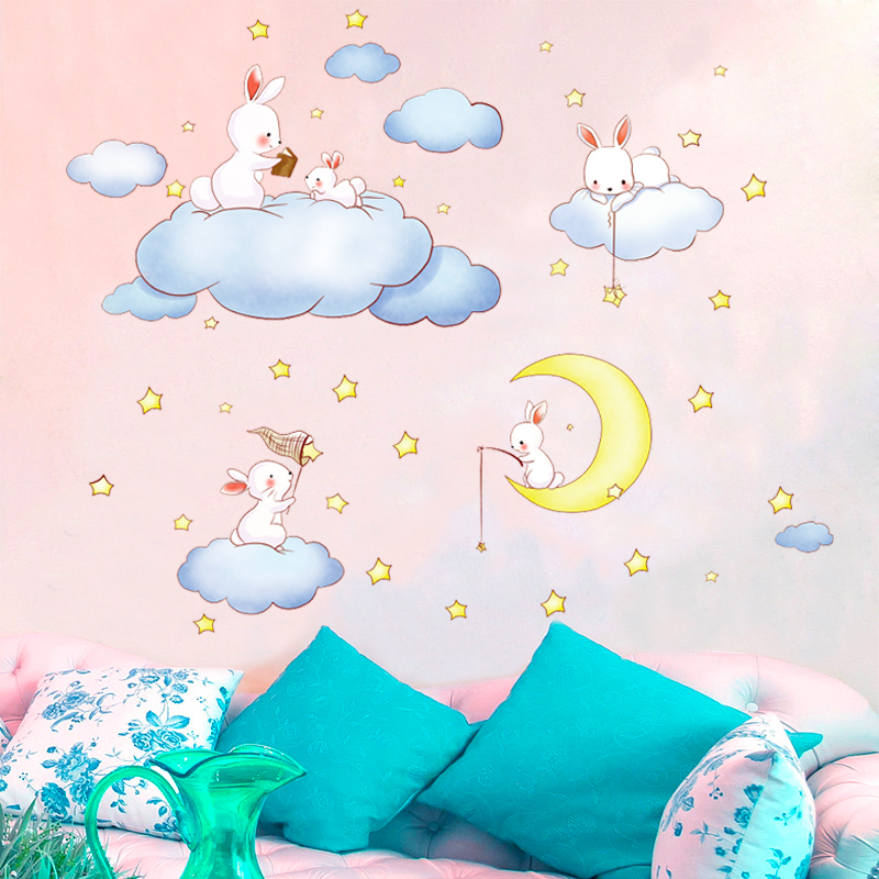 Cartoon Cloud Rabbit Moon Wall Sticker Children's Room Girl Bedroom Decoration Kindergarten Animation Wall Sticker