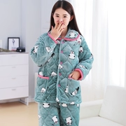 Bộ đồ ngủ nữ mùa đông flannel ba lớp độn bông cộng với áo khoác nhung ấm áp ngọt ngào bộ đồ ngủ trung niên dễ thương