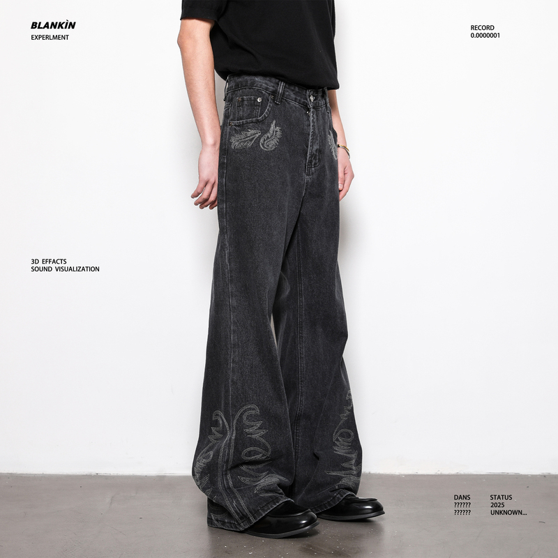 Blankin American Retro Embroidered Design Flared Jeans for Men Vibe High Street Cool Pants Couple