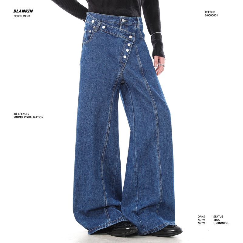 Blankin American Retro Diagonal Placket Buttoned Jeans, Loose Niche Design, Versatile Casual Pants for Men and Women