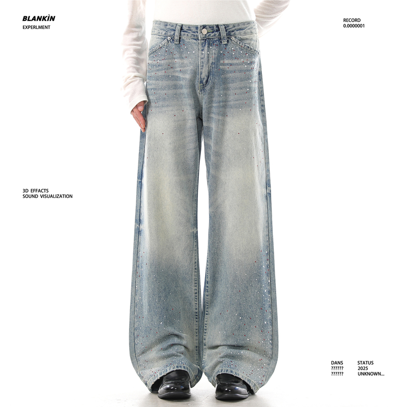 Blankin American-Style Simple Rhinestone Contrasting Color Jeans Loose Straight High-End Niche Design Casual Pants for Men Blankin American-Style Simple Rhinestone Contrasting Color Jeans Loose Straight High-End Niche Design Casual Pants for Men