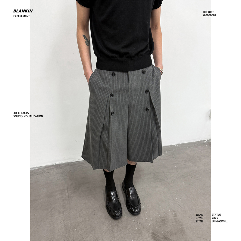 Blankin High-End Gray Striped A-Line Cropped Trousers Unisex Old Money Style Loose Wide-Leg Casual Shorts