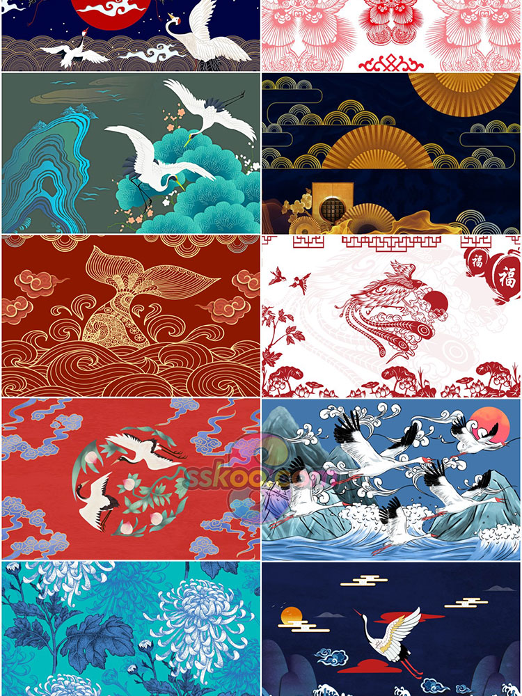 国潮中国风祥云白鹤龙凤传统元素电视背景墙装饰画模板PSD素材插图4