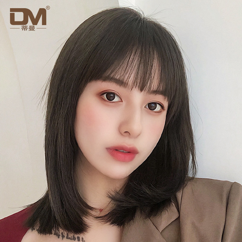 True hair full head cover liuhai real hair silk natural collarbone in the false hair short hair female long hair can be tied to reduce age net red