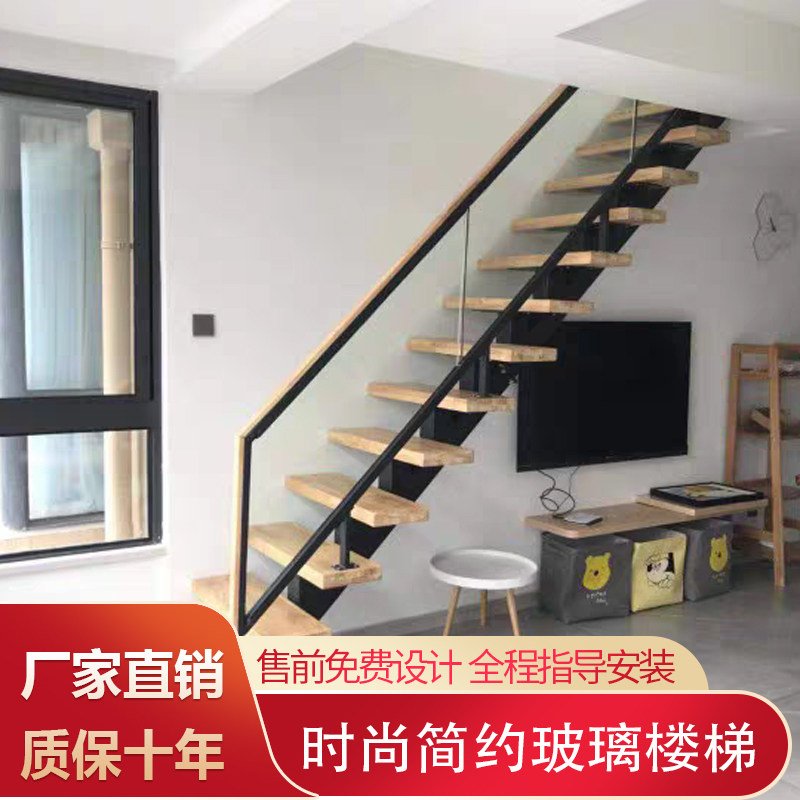Indoor glass straight slanted beam steel wood loft loft leaping home minimalist custom armrests wood pedal integral stairs