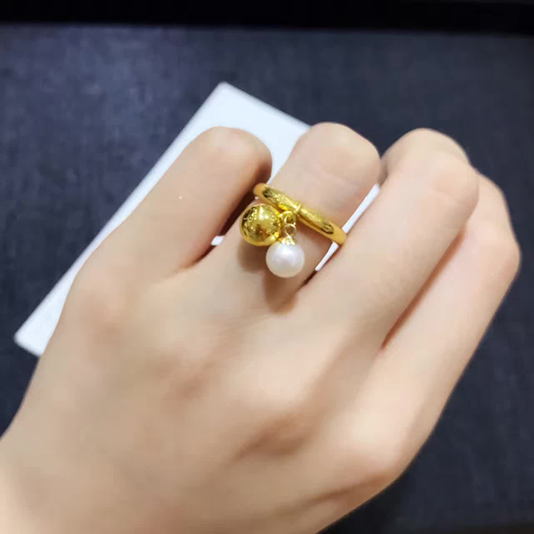 3D hard gold gold aperture ring ring 999 pure gold fashion women's light bead index finger ring pearl ring