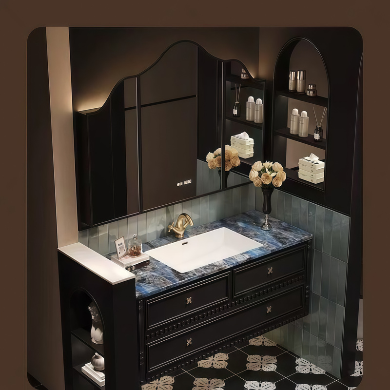 French-Style Retro Bathroom Cabinet Set with Corian Integrated Basin, High-End Luxury Stone Washbasin for Bathroom