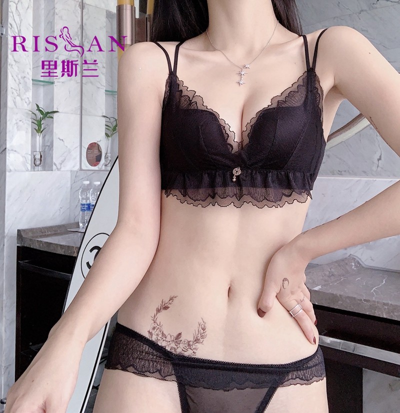 RISLAN Rimless Underwire comfortable small chest top bracket gathered breathable lace lingerie sexy bra set