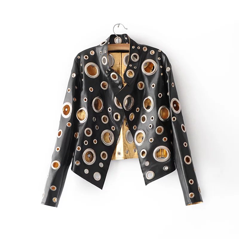 Giải phóng mặt bằng xử lý pu kim loại gió lỗ vàng lót dài tay ngắn Harley đầu máy vest áo khoác da nữ mùa thu áo da lộn zara