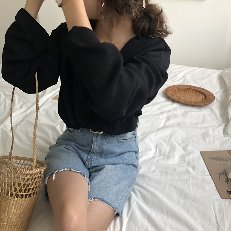 Áo mùa thu nữ béo mm200 kg chic lỏng mỏng V-cổ khí chất áo voan dài tay áo trùm đầu áo sơ mi nữ