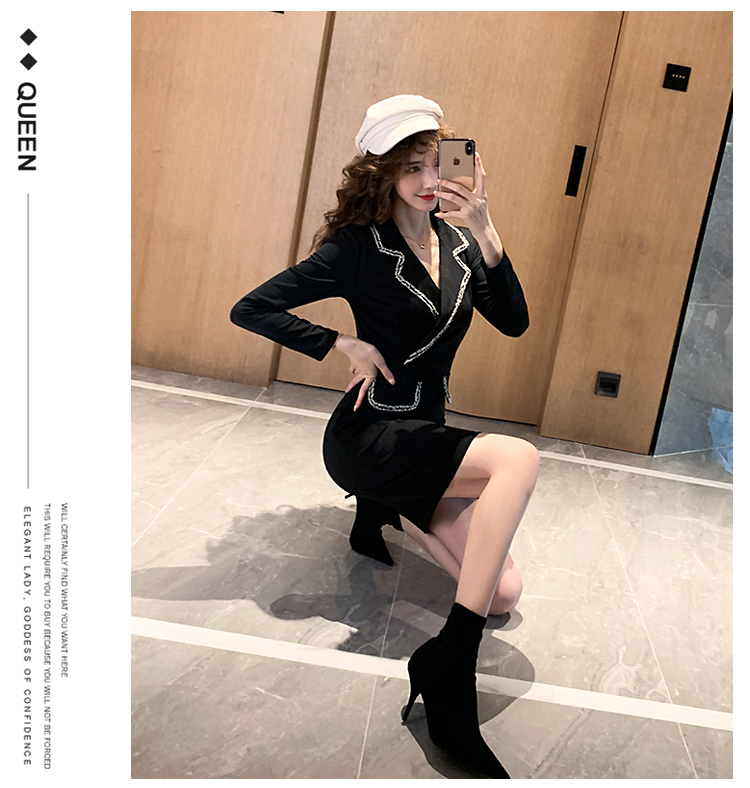 VK旗艦店 韓系修身優雅西服領黑色氣質顯瘦長袖洋裝