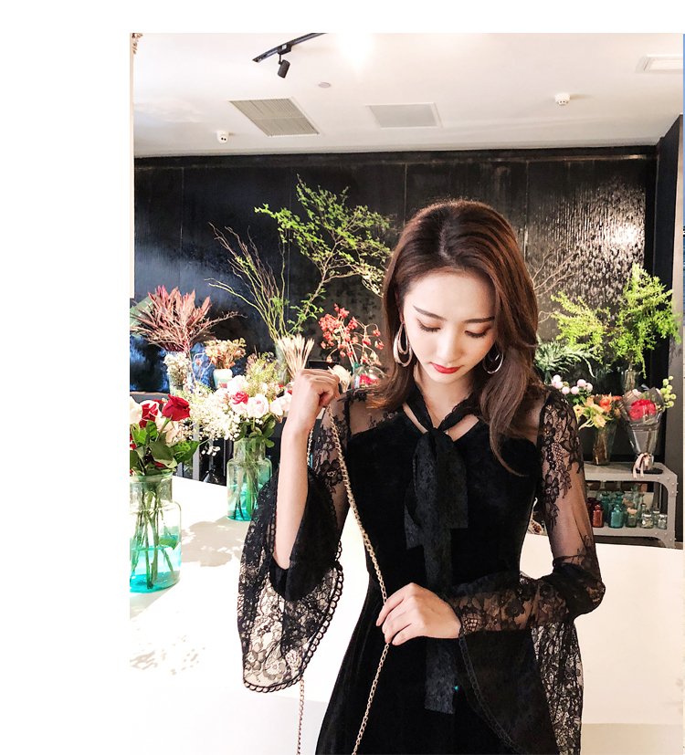 VK旗艦店 韓系蕾絲蝴蝶結喇叭袖絲絨氣質顯瘦長袖洋裝