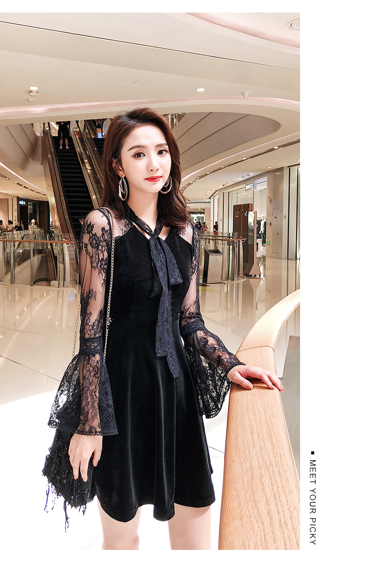 VK旗艦店 韓系蕾絲蝴蝶結喇叭袖絲絨氣質顯瘦長袖洋裝