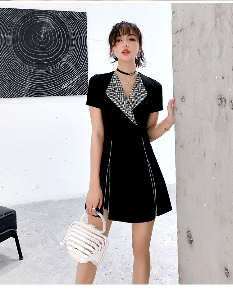 VK旗艦店 韓系開叉燙鑽領時尚套裝短袖裙裝