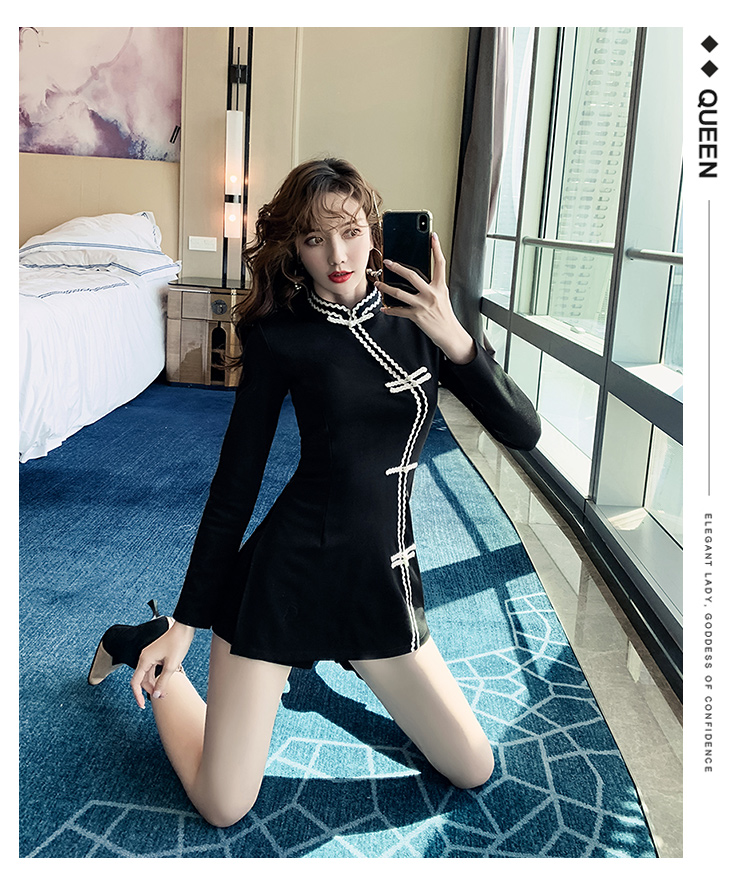 VK旗艦店 中國風復古純色盤扣旗袍短褲套裝長袖褲裝