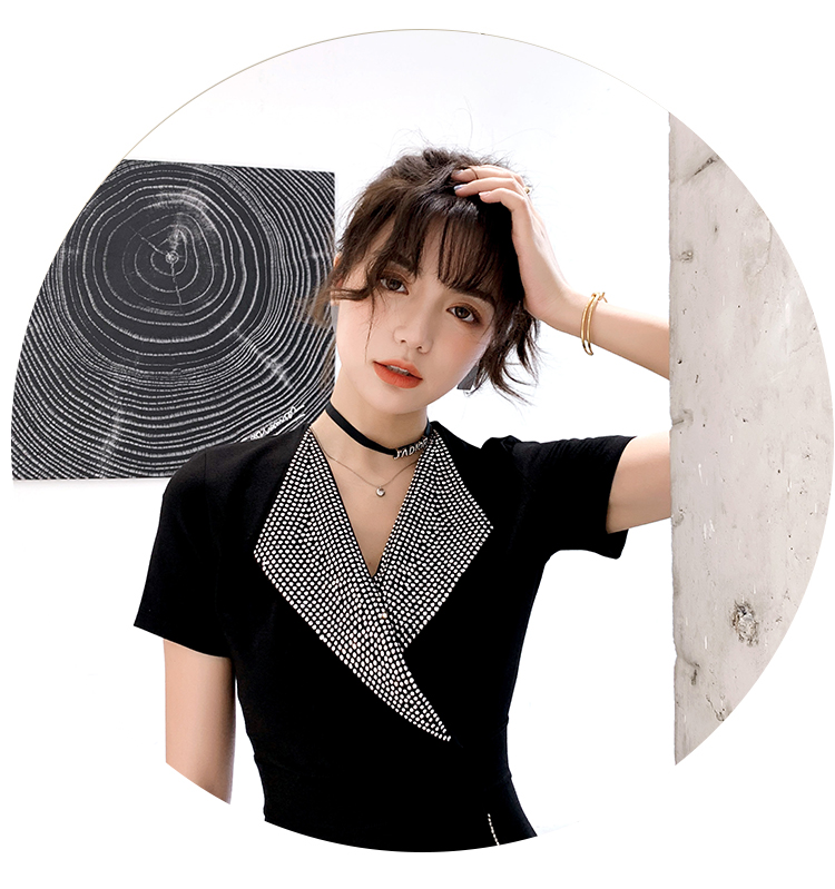 VK旗艦店 韓系開叉燙鑽領時尚套裝短袖裙裝