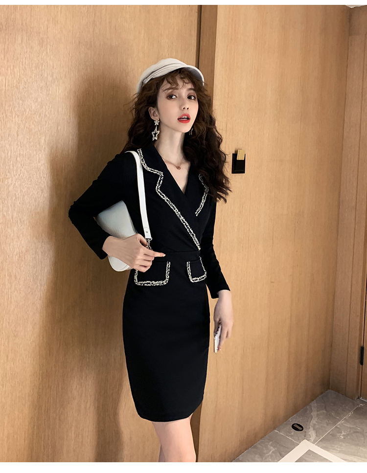 VK旗艦店 韓系修身優雅西服領黑色氣質顯瘦長袖洋裝