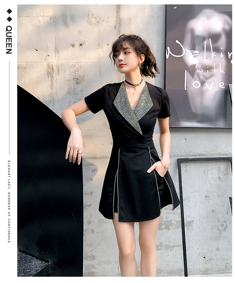 VK旗艦店 韓系開叉燙鑽領時尚套裝短袖裙裝