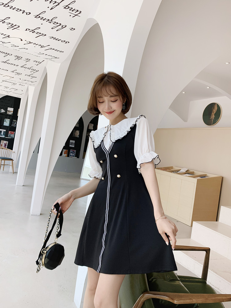 VK旗艦店 韓系娃娃領收腰氣質修身甜美短袖洋裝