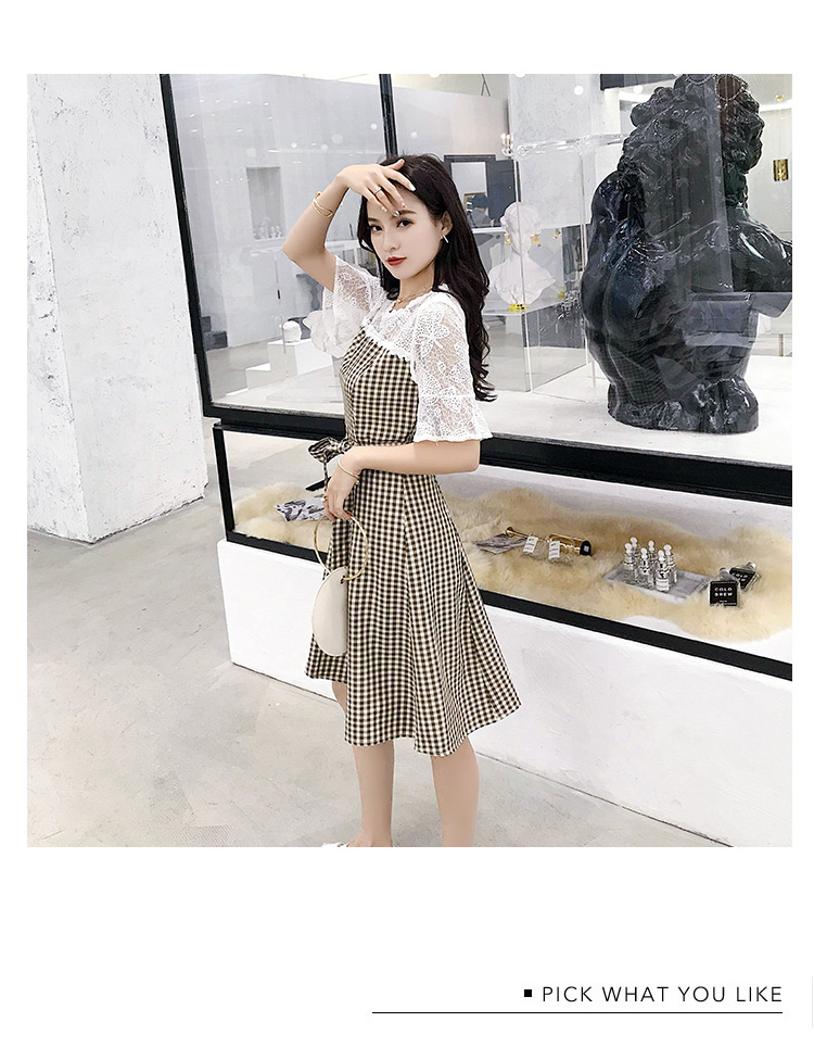 VK旗艦店 韓系格子蕾絲拼色喇叭袖蝴蝶結短袖洋裝