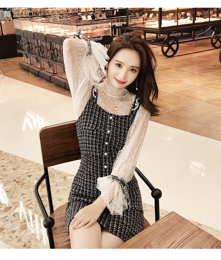 VK旗艦店 韓國風蕾絲燈籠袖小香風呢子套裝長袖裙裝