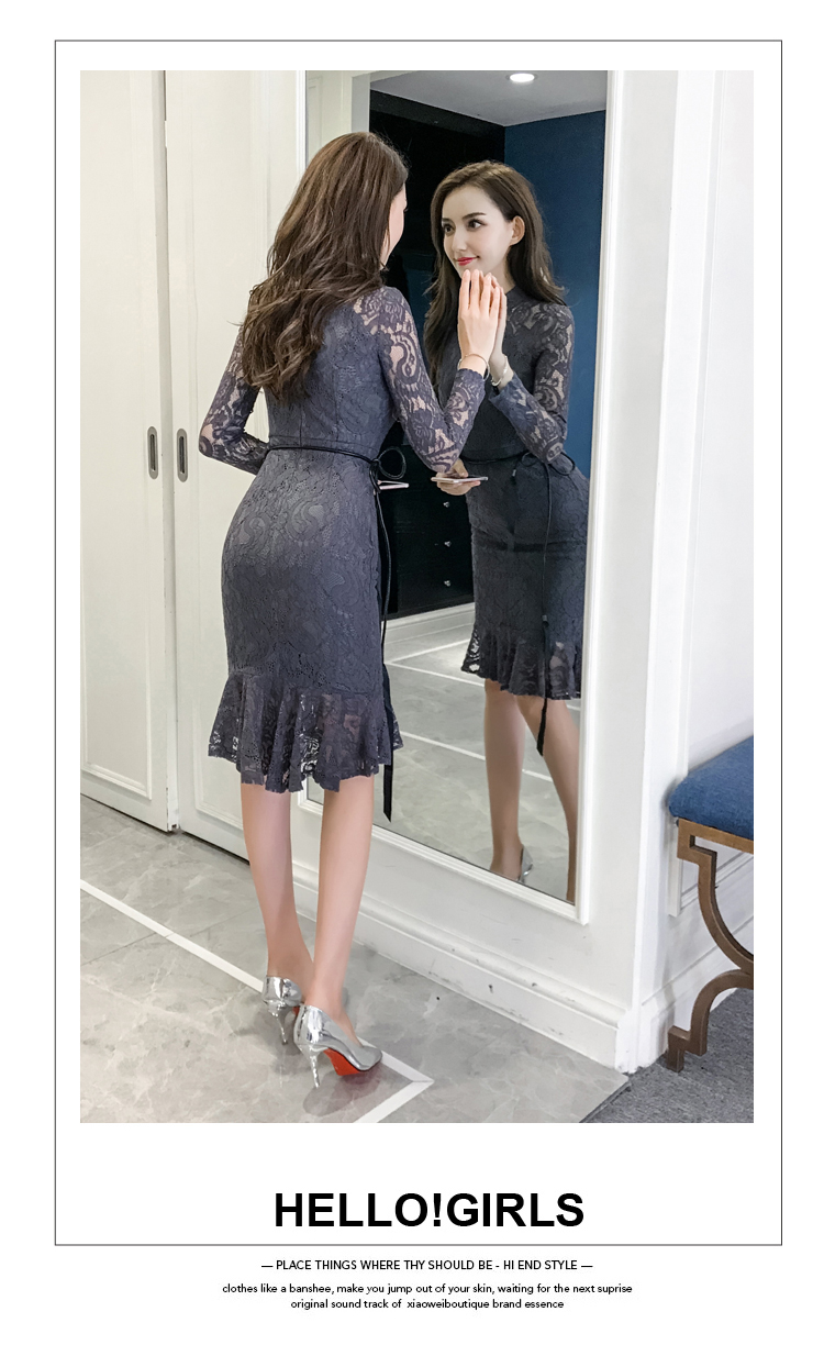 VK旗艦店 韓系顯瘦魚尾蕾絲修身優雅配腰帶長袖洋裝