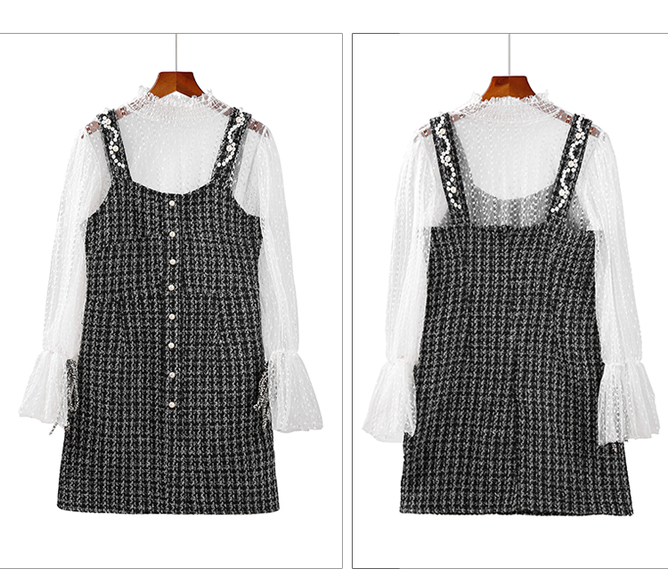 VK旗艦店 韓國風蕾絲燈籠袖小香風呢子套裝長袖裙裝