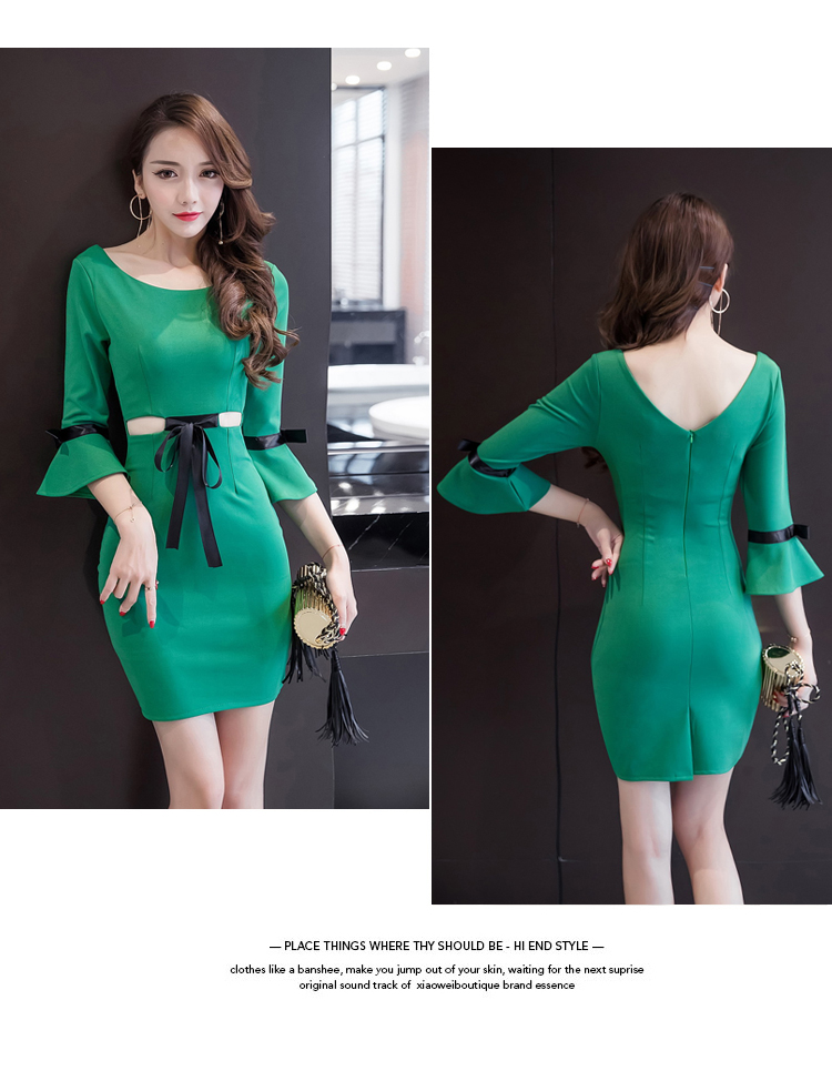 VK旗艦店 韓系名媛露腰喇叭袖修身顯瘦包臀長袖洋裝