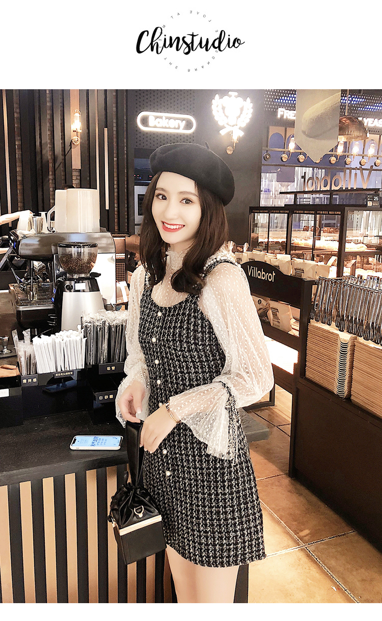 VK旗艦店 韓國風蕾絲燈籠袖小香風呢子套裝長袖裙裝