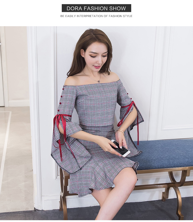 VK旗艦店 韓系一字領喇叭袖格紋魚尾裙套裝長袖裙裝