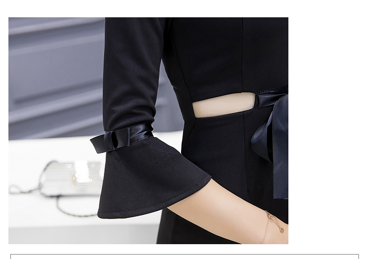 VK旗艦店 韓系名媛露腰喇叭袖修身顯瘦包臀長袖洋裝