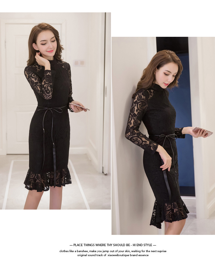 VK旗艦店 韓系顯瘦魚尾蕾絲修身優雅配腰帶長袖洋裝