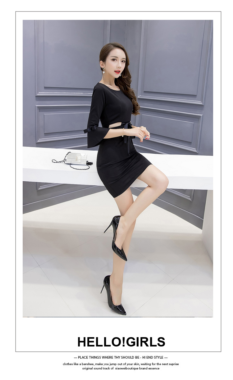 VK旗艦店 韓系名媛露腰喇叭袖修身顯瘦包臀長袖洋裝
