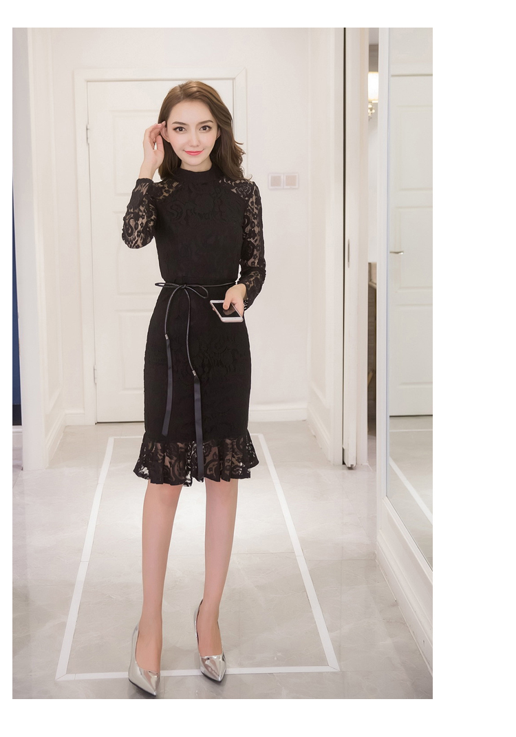 VK旗艦店 韓系顯瘦魚尾蕾絲修身優雅配腰帶長袖洋裝