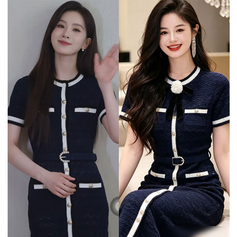 In Stock! Sp Liu Shishi's Same Style 2026 Early Autumn Sweater Dress, Navy Blue Bow V-Neck Knitted Dress