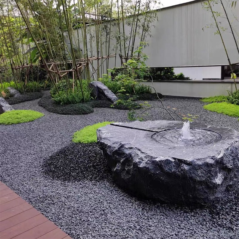 Black Mountain Stone Water Bowl Stone Carving Flowing Water Natural Stone Water Fountain Villa Garden Courtyard Japanese-Style Spring Water Stone Bowl Ornament