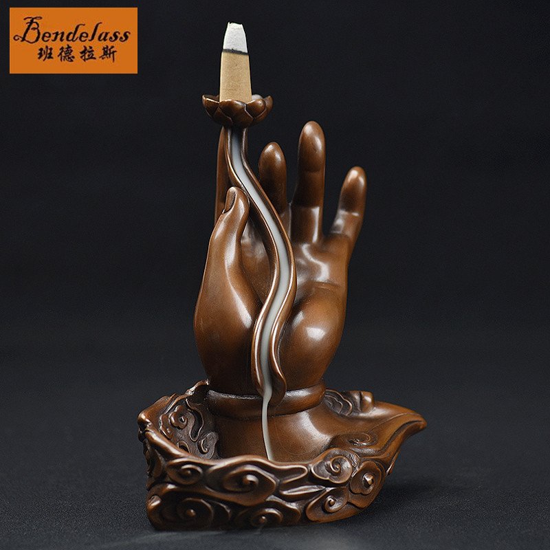 Banderas pure copper back-turned incense stove creative red copper Guanyin pendulum piece bronze incense stove lotus Buddha hand smoke incense smoke stove