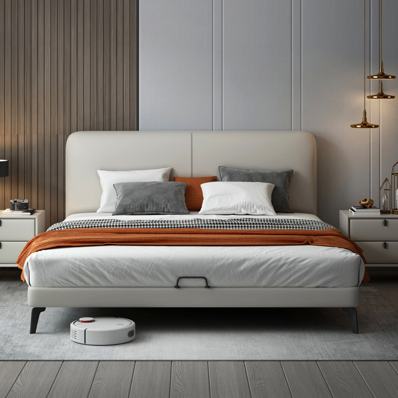 Leather bed light luxury modern leather bed double bed Nordic simple master bedroom big bed Italian minimalist soft bed small apartment bed