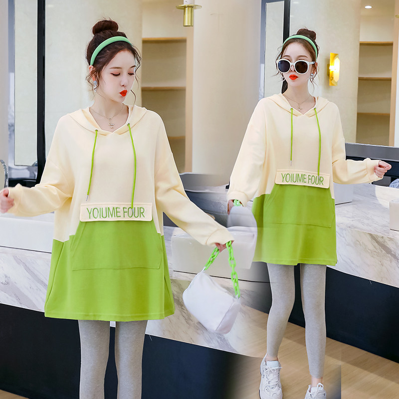 Pregnant women's spring and autumn fashion new medium-length version of the trendy hot mom Western style loose stitching top cover the belly does not show the pregnant skirt