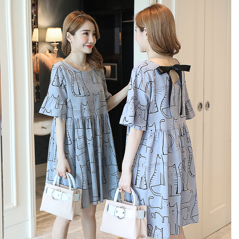 Gestational Woman Dress 2022 Women Summer Dress New Medium Long Version Round Collar Short Sleeves Large Size Easy to Dress Foreign Dress Kitty Pregnant Woman Dress