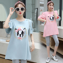 Gestational Maternity Loose Waist Large Yard Korean version Puppy round collar mid-length Lotus Leaf Sleeve Short Sleeve 2022 Female Summer Pregnant Woman