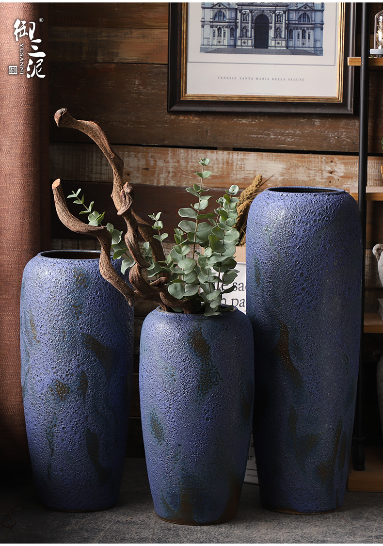 Retro coarse pottery vase landing blue ceramic dried flower arranging flowers furnishing articles POTS to I and contracted sitting room window decoration