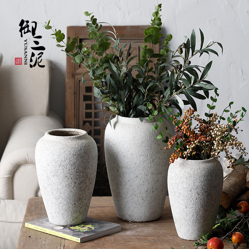 Retro POTS dry flower ceramic vase Nordic I and contracted hydroponic flower flower POTS coarse pottery eucalyptus leaf furnishing articles