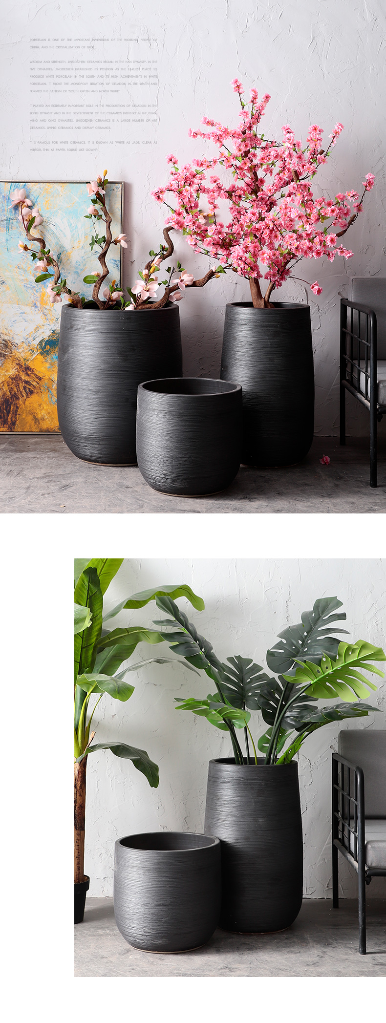 Green plant in northern black ceramic vase flowerpot I and contracted indoor plant decoration cylinder hydroponic POTS of large diameter